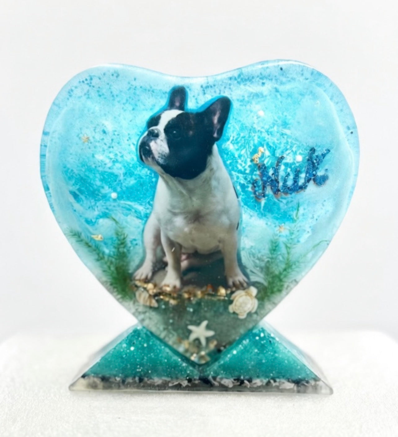 Corazón de resina azul personalizado con la fotografía de Nix