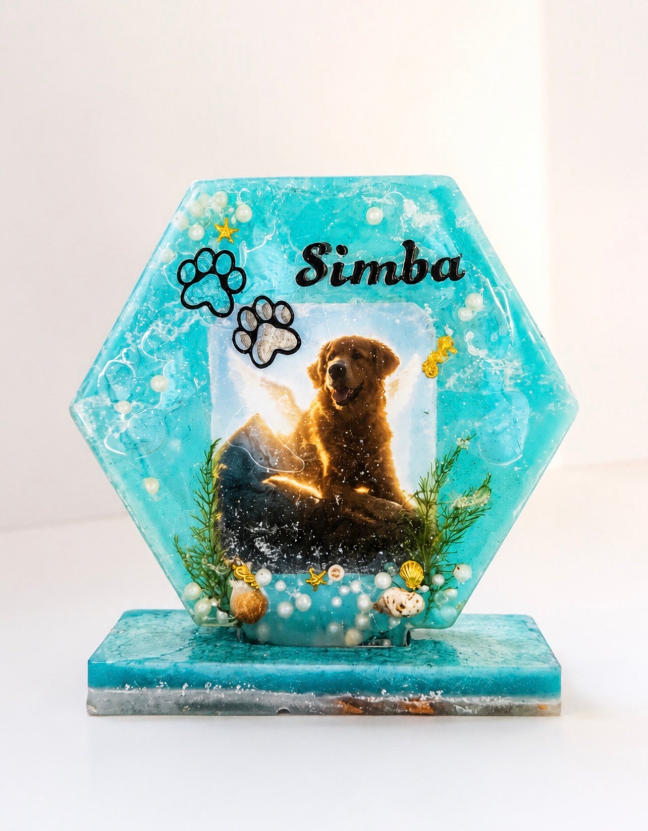 Hexágono decorativo azul personalizado con fotografía de Simba