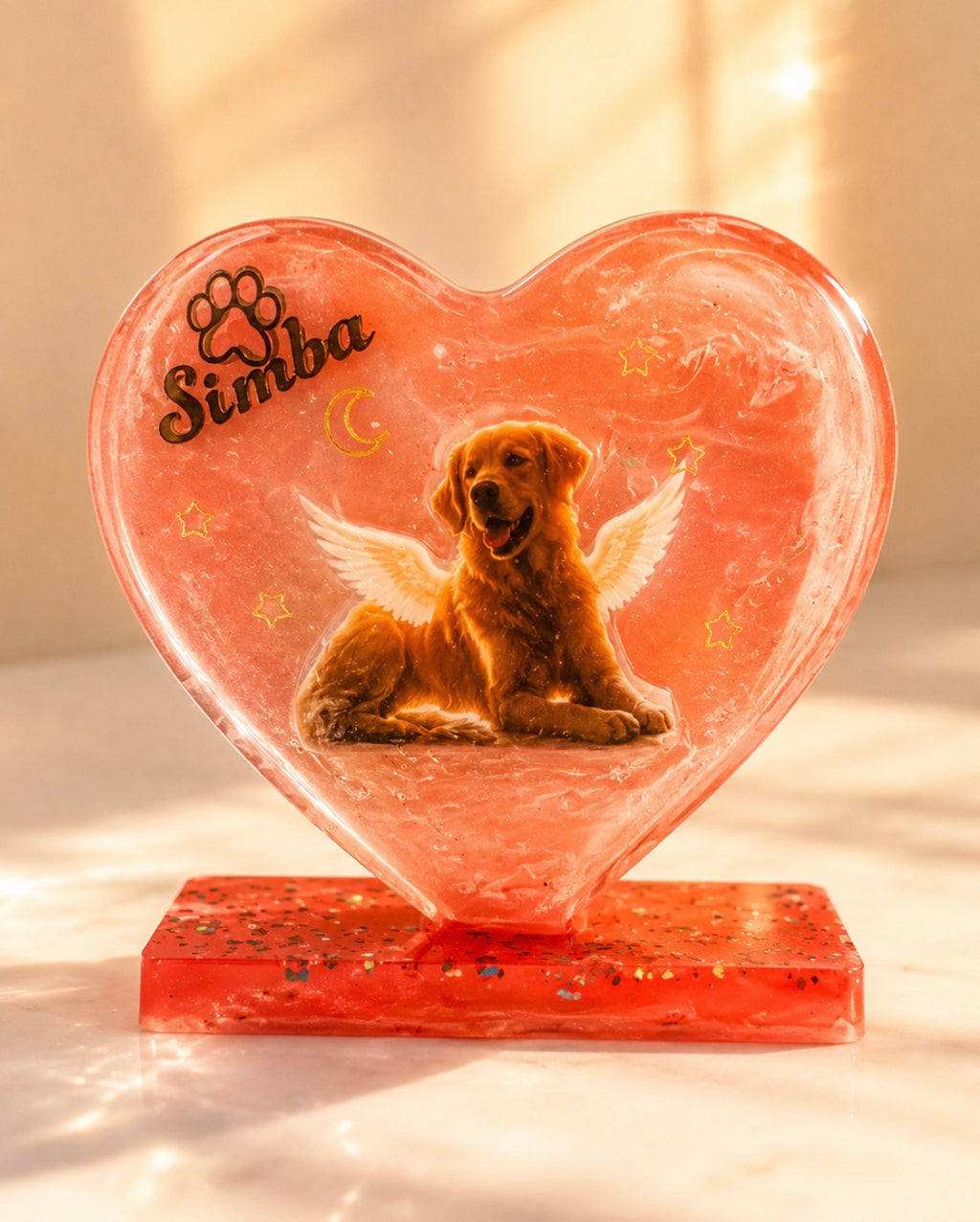 Corazón de resina rojo personalizado con fotografía de Simba